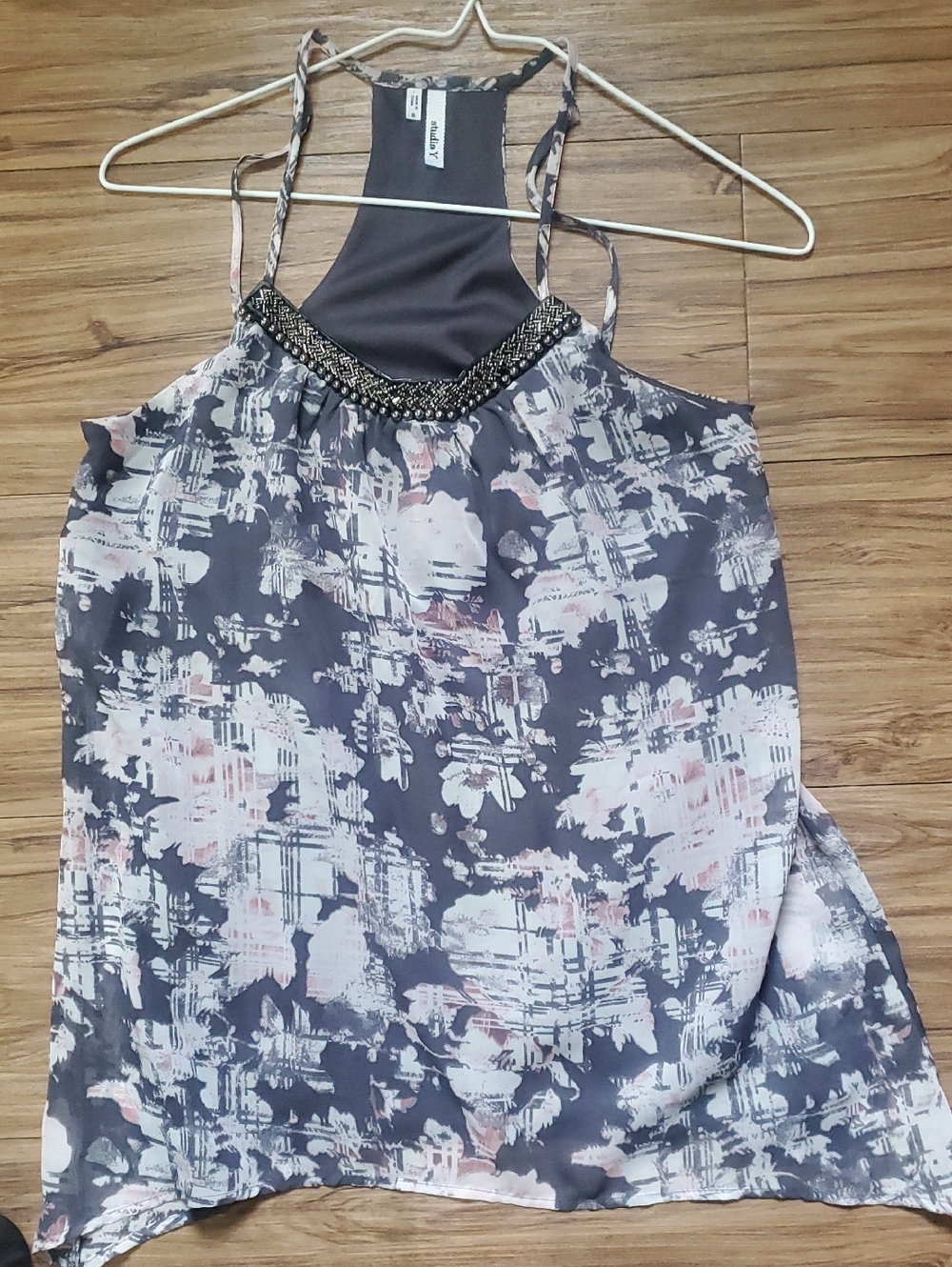 Studio Y Gray Floral Beaded Halter Camisole